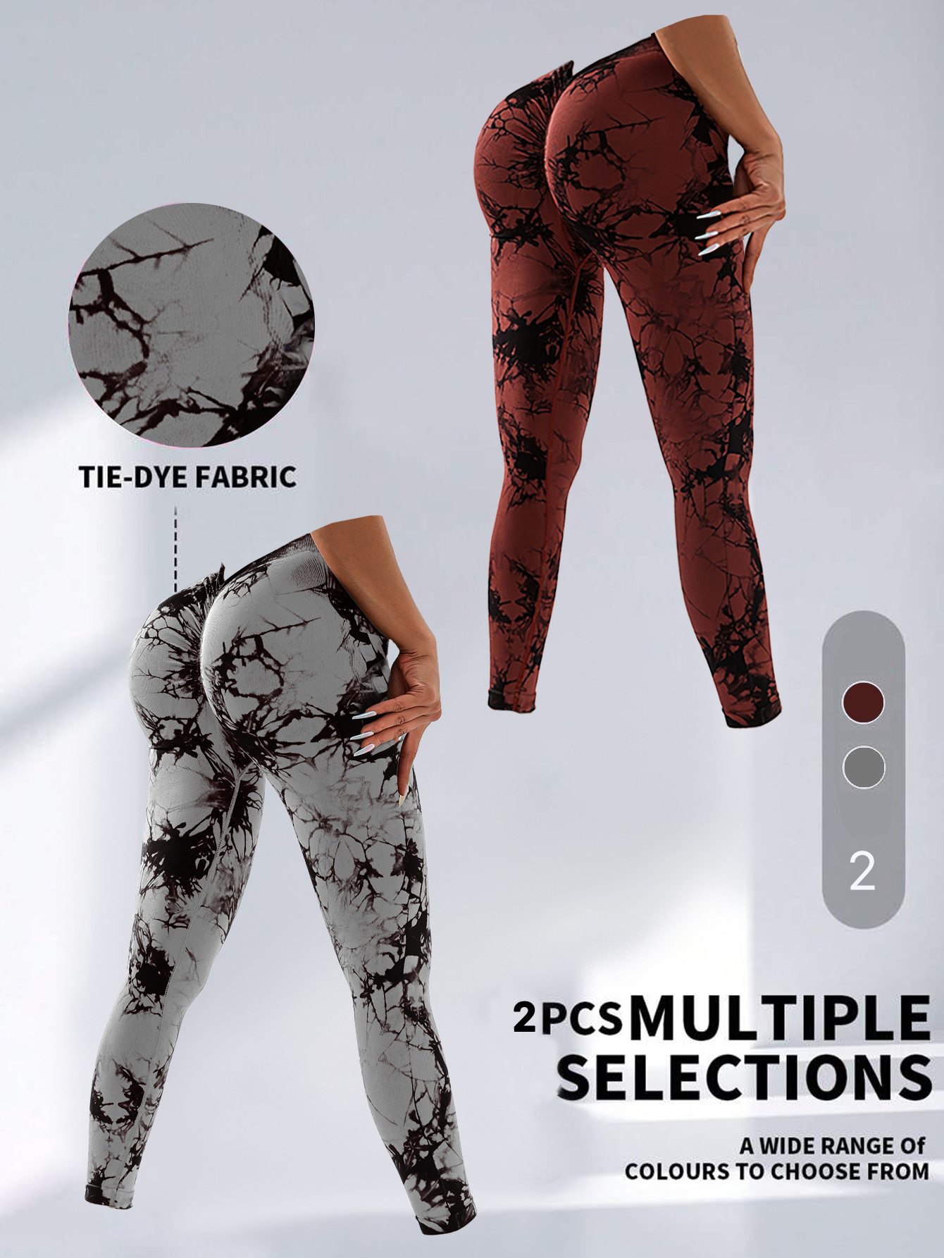 2 Pack Tie-Dye High Waist V-Back Yoga Leggings - Peach Hip-Enhancing Fitness Tights for Sport Style Athleisure - Image 22