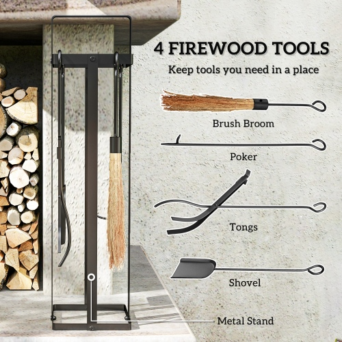Outsunny 5-Piece Heavy Duty Metal Fireplace Tools Set - Indoor & Outdoor Accessories with Brush, Poker, Shovel, Tongs & Stand, Black
