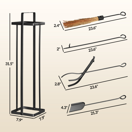 Outsunny 5-Piece Heavy Duty Metal Fireplace Tools Set - Indoor & Outdoor Accessories with Brush, Poker, Shovel, Tongs & Stand, Black - Image 3