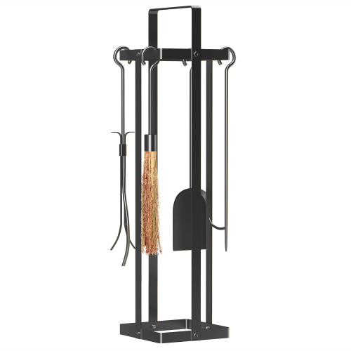 Outsunny 5-Piece Heavy Duty Metal Fireplace Tools Set - Indoor & Outdoor Accessories with Brush, Poker, Shovel, Tongs & Stand, Black - Image 4
