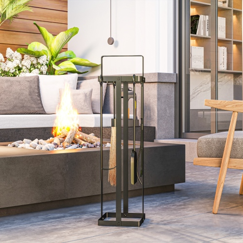 Outsunny 5-Piece Heavy Duty Metal Fireplace Tools Set - Indoor & Outdoor Accessories with Brush, Poker, Shovel, Tongs & Stand, Black - Image 9