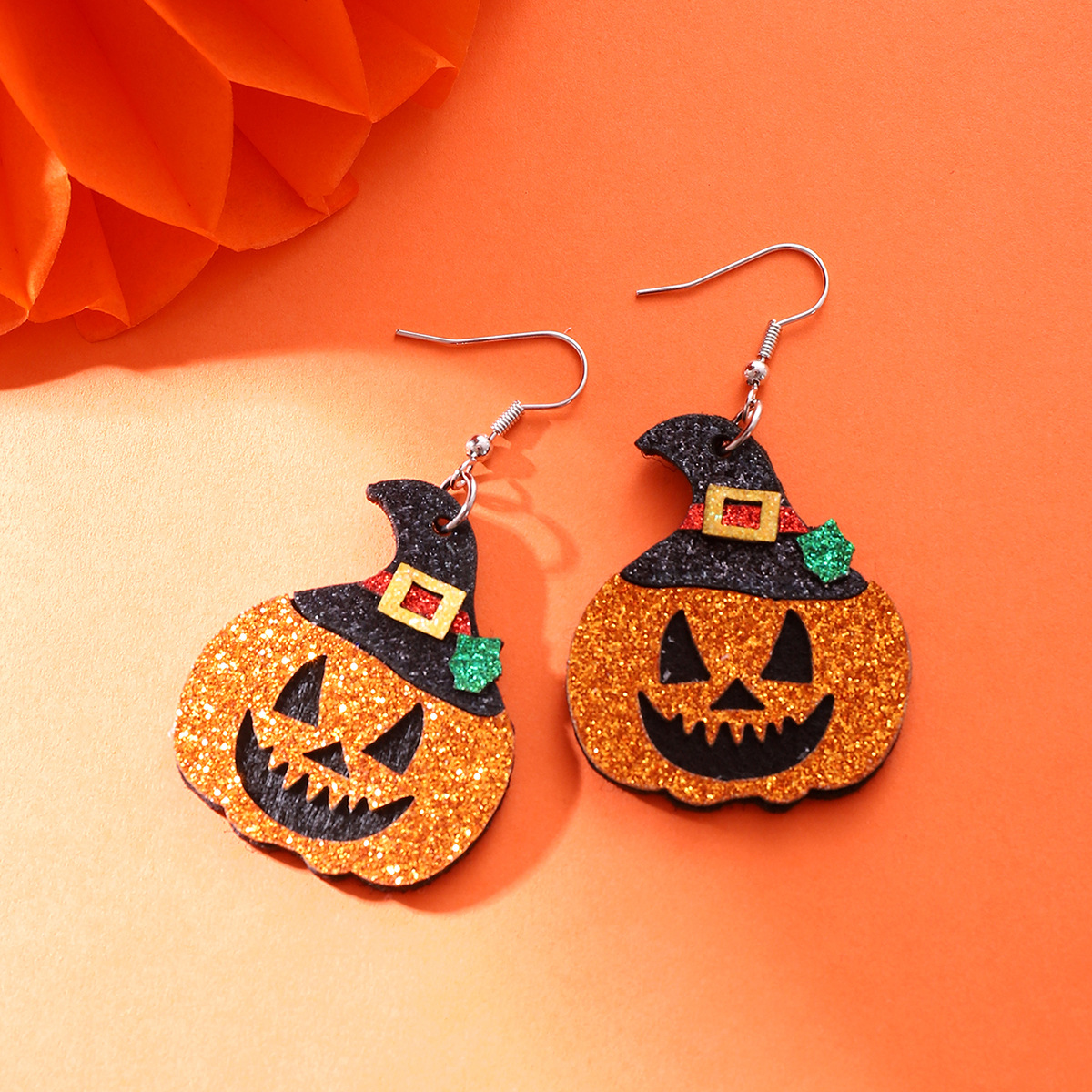 Women's Halloween Pumpkin Hat and Multi-Layer Handmade Frosted Earrings - Image 5