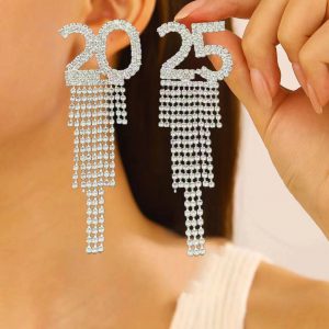 2025 Fashionable Digital Rhinestone Letter Earrings for Women - Ideal New Year Pendant Gift, Copper Inlaid for Festivals and Parties