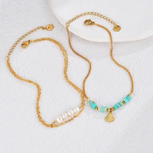 Natural Beaded Shell Anklet in Durable Titanium Steel for Beach Lovers