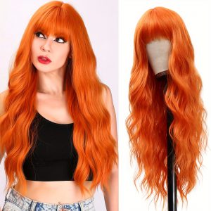 Stylish 28-inch Long Orange Non-toxic Wig, Synthetic Wavy Hair for Women, Perfect for Any Occasion