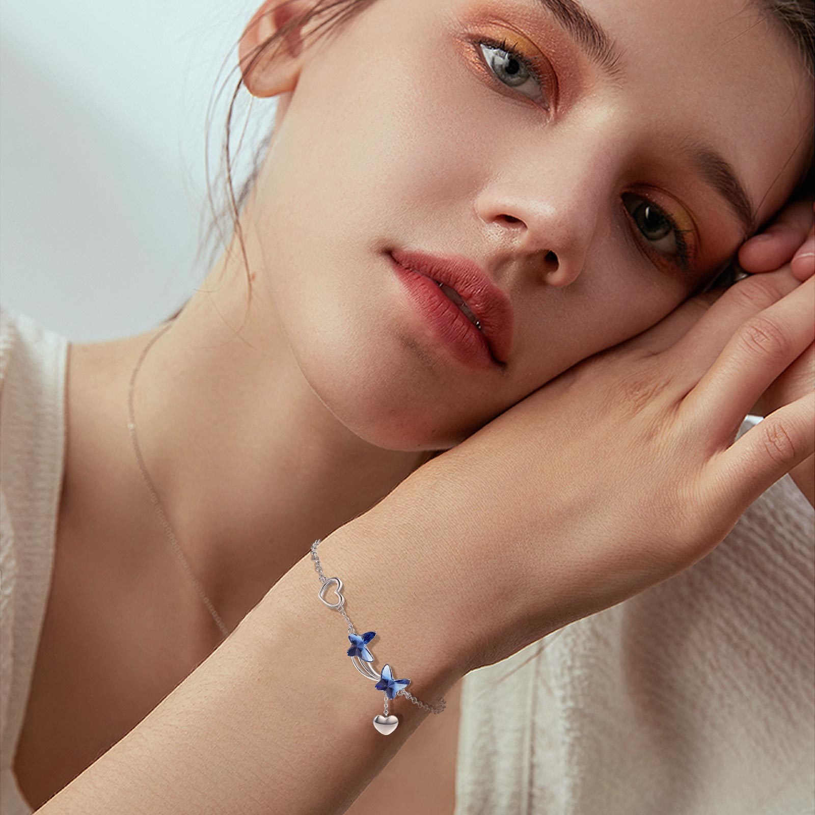925 Sterling Silver Butterfly Pendant Bracelet with Blue Cubic Zirconia Jewelry - Image 4