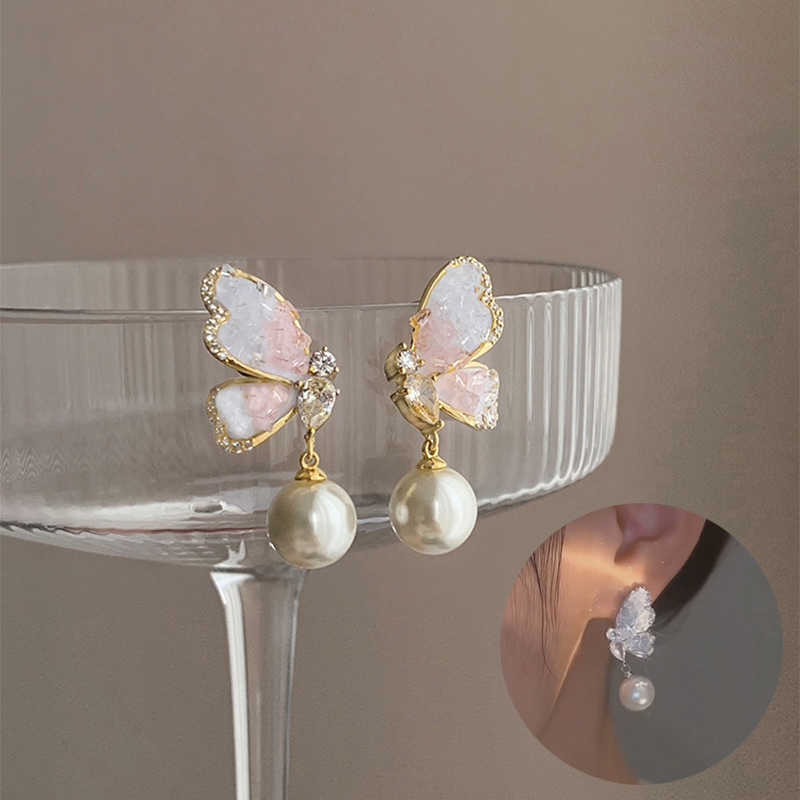 Luxury Personalized Gradient Butterfly Pearl Earrings with Rhinestones for Women’s Jewelry