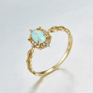 Japanese Natural Opal Jewelry Light Dan Shape 925 Silver Ring for Women, Jeweled with 10K Gold Plated Vintage Style