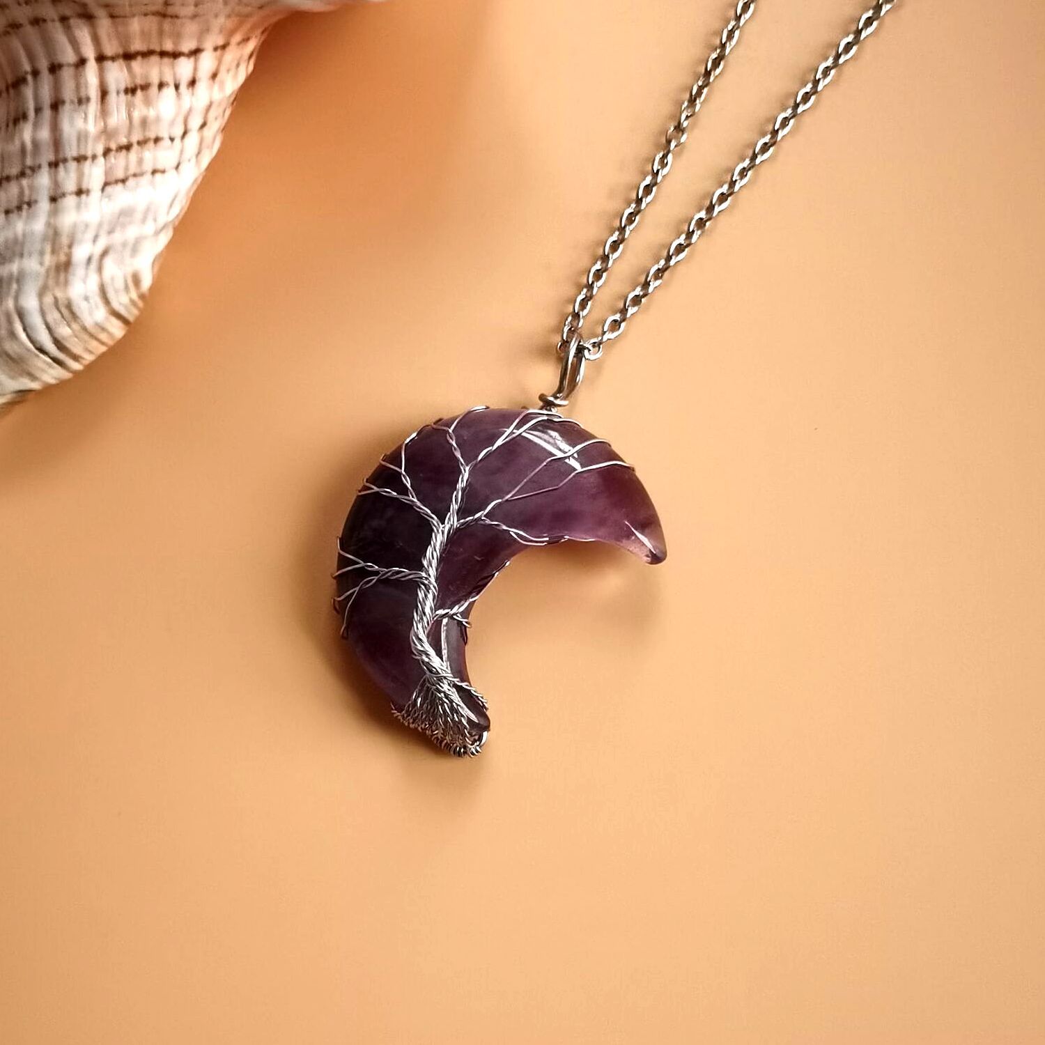 Handmade Moon Natural Stone Amethyst Tree of Life Necklace - Fortune Tree Design - Image 22