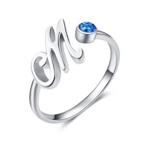 Elegant Blue Crystal Letter M Initial Ring in 925 Sterling Silver - Perfect Gift!