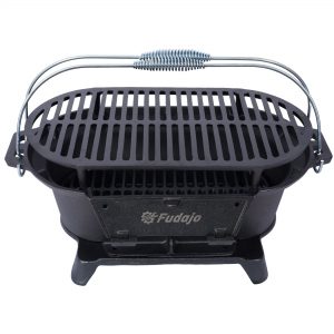 Portable Outdoor Oval Cast Iron Grill & Charcoal BBQ, Plus Desktop Frying Pan