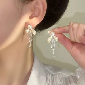 Navy Blue Tassel Long Bow Tie Earrings for Women - Stylish Studs