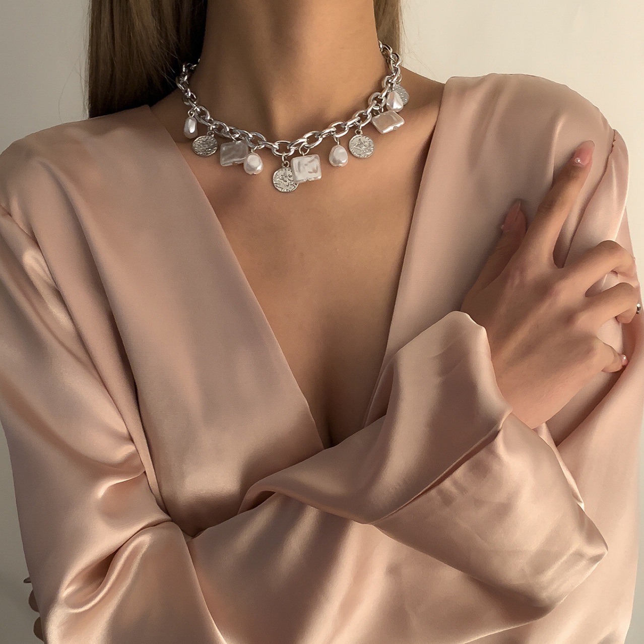 Retro Multi-Cross Necklace for Women - Imitation Pearl Coin Clavicle Chain - Image 3