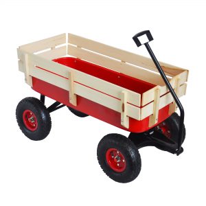 Red Outdoor Sport Wagon Tool Cart with Wooden Side Panels & Pneumatic Tires