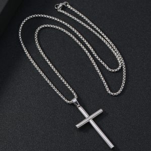 Large Beveled Cross Necklace for Men in Titanium Steel - Round Design