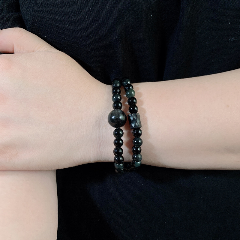 Silver Stone Double-Layer Elastic Bracelet for Retro Men's and Women's Style