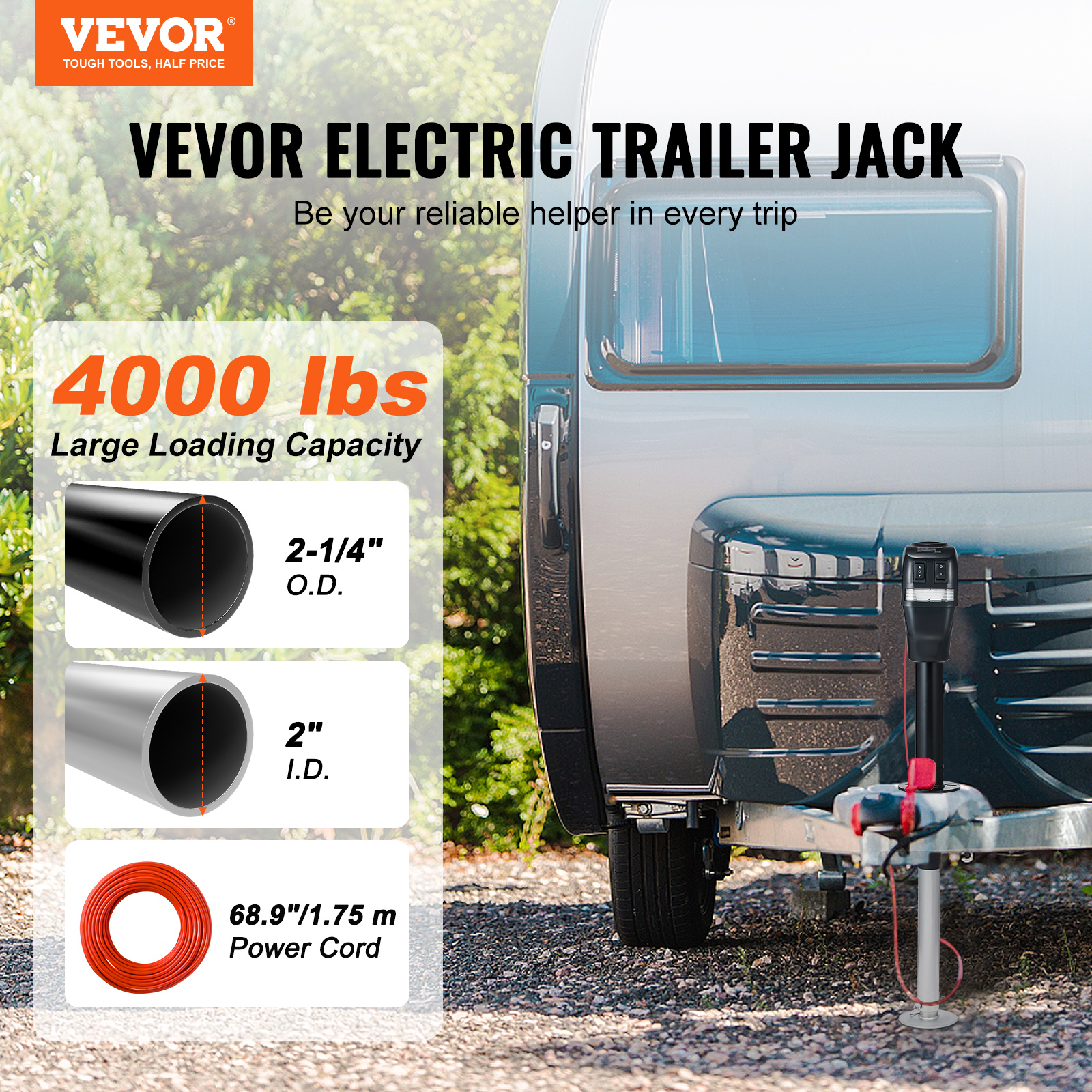 VEVOR Electric Trailer Jack - 4000 Lbs Power Tongue Jack, 9.84"-33.85" Height Range, Waterproof Cover for RV, Horse, Utility, and Yacht Trailers - Image 2