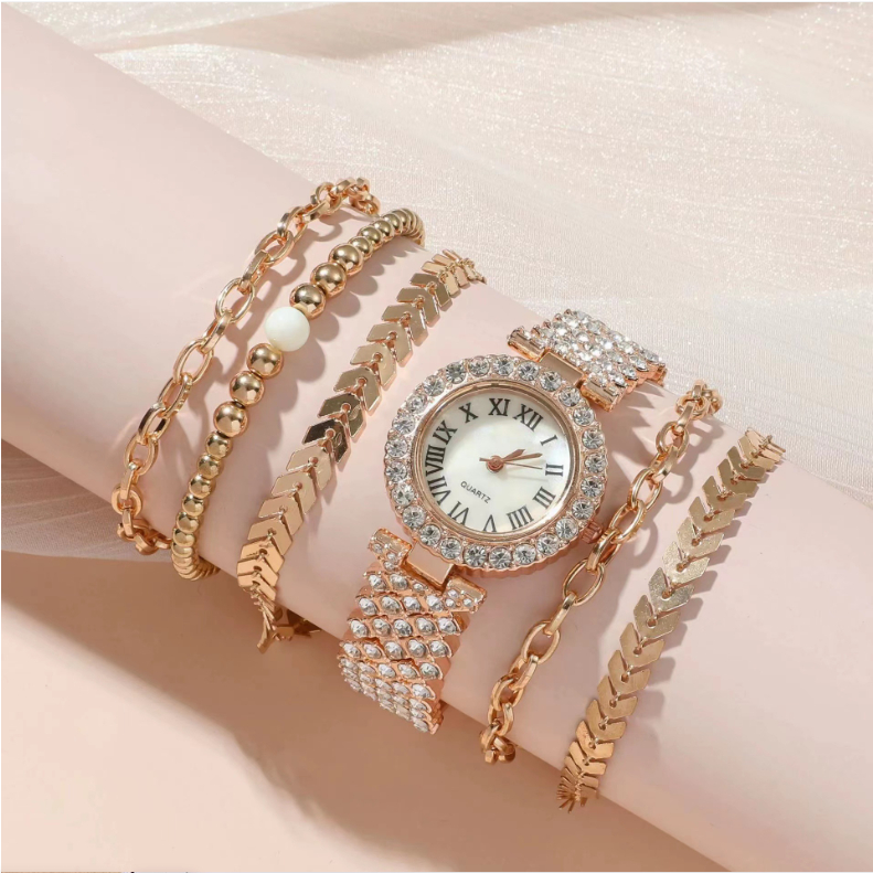 Luxury Diamond Women's Bracelet Watch Set - 6-Piece Fashion Gift Box - Image 6