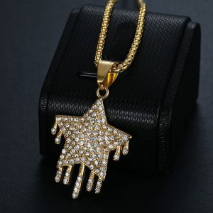 Hip Hop Full Diamond Five-pointed Star Pendant in Stainless Steel Dropper