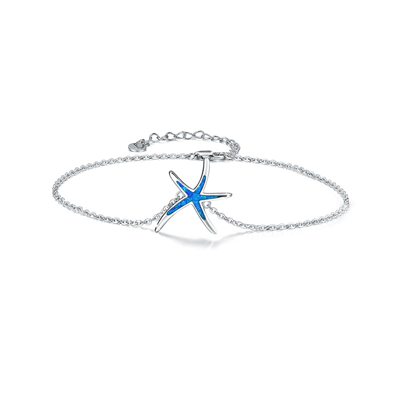 White Gold Plated Sterling Silver Opal Starfish Anklet - Elegant & Unique