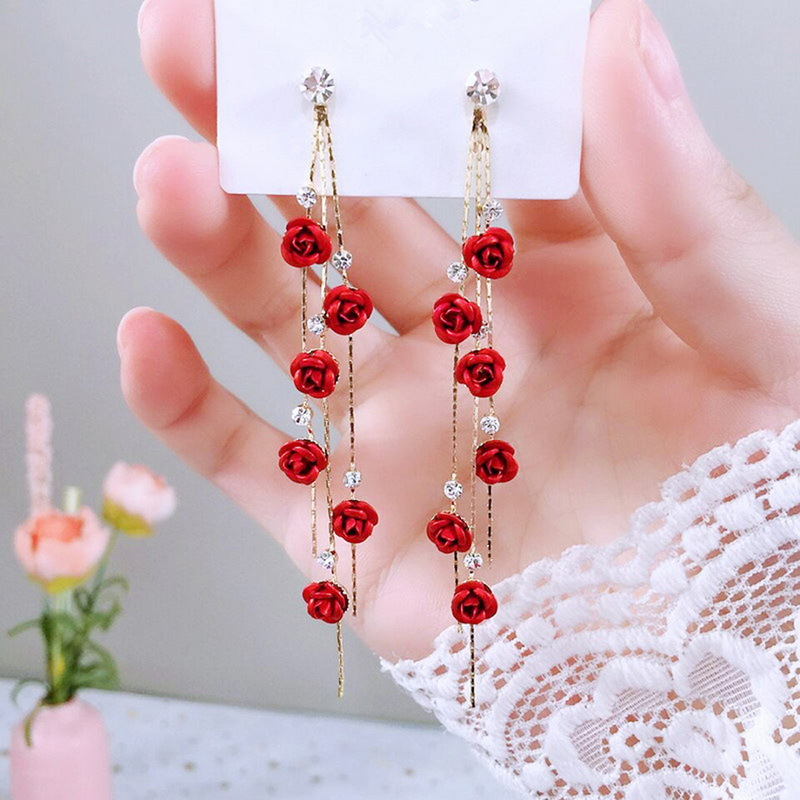 Wild Red Rose Flower Long Earrings with Rhinestone Tassels - Elegant Floral Jewelry - Image 2
