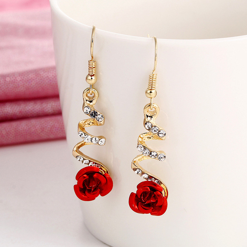 Wild Red Rose Flower Long Earrings with Rhinestone Tassels - Elegant Floral Jewelry - Image 4