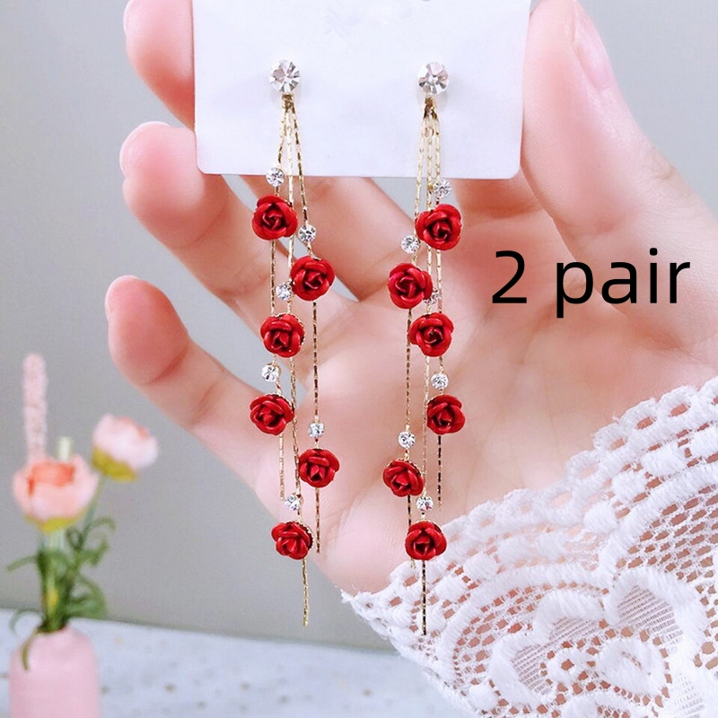 Wild Red Rose Flower Long Earrings with Rhinestone Tassels - Elegant Floral Jewelry - Image 9