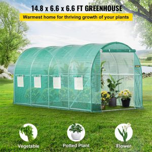 VEVOR Portable Walk-in Tunnel Greenhouse, 15 x 7 x 7 Ft Plant Hot House with Galvanized Steel Hoops, Top Beam, Diagonal Poles, Zippered Door & 8 Roll-up Windows, Green