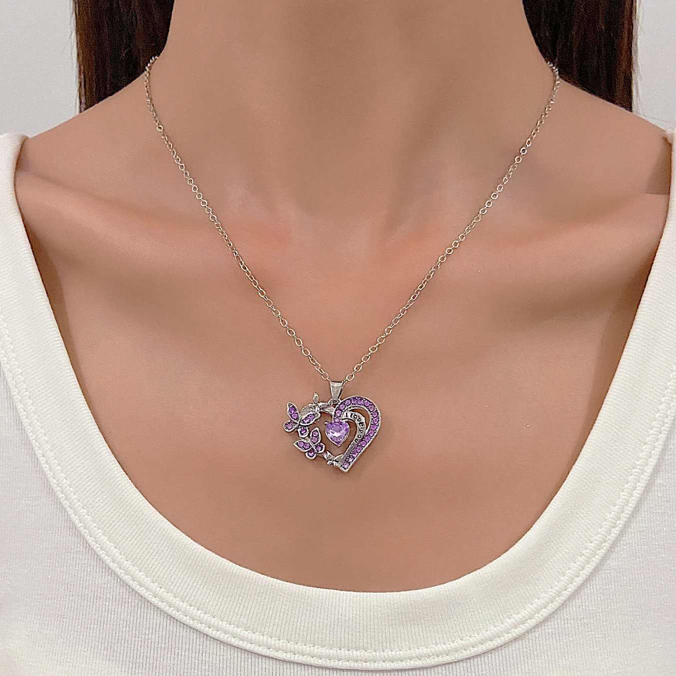 Ins Butterfly Love Necklace with Rhinestones - Stylish Hollow Heart Clavicle Chain Pendant for Valentine's Day Gifts - Image 2