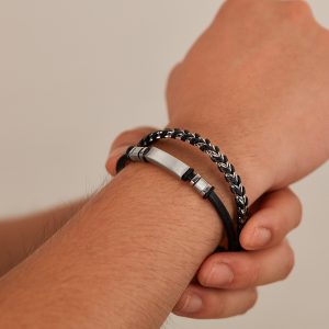 Stainless Steel Glossy Double-Layer Woven Leather Bracelet for Stylish Appeal