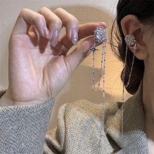 Niche Flower Tassel Ear Clip with Full Diamond Sparkle