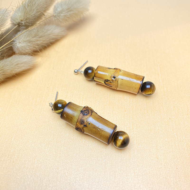 Silver Niche Design Earrings - Ethnic Style with Natural Bamboo Joint for Women