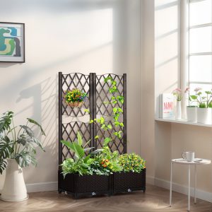 80x40x122.5CM Carbon Color 2-in-1 Assembly Planting Trellis with Plastic Planter Box