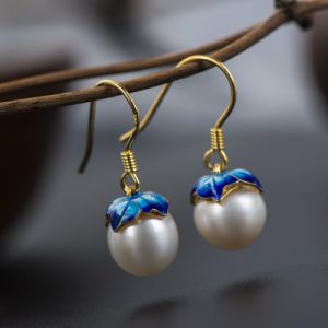 Cloisonne 925 Silver Earrings - Sukhothai Gold Jewelry Design with Freshwater Pearls, Lotus Style for Women, Wholesale