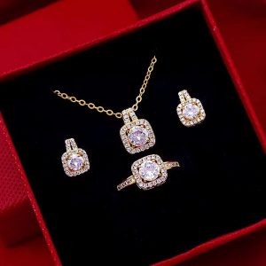 Elegant Fashion Jewelry Set with Zircon Gem Pendant Choker Necklace, Gold Stud Earrings, and Statement Wedding Ring for Women