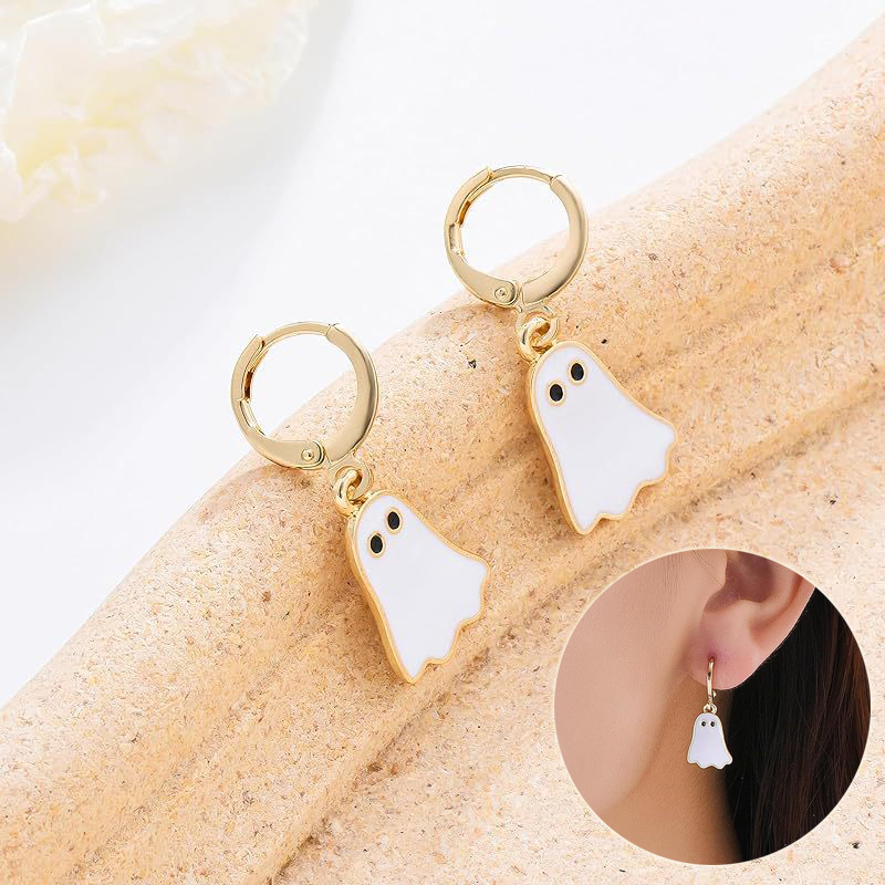 Gold Ghost Huggie Hoop Earrings for Women - Cute Halloween BOO Jewelry