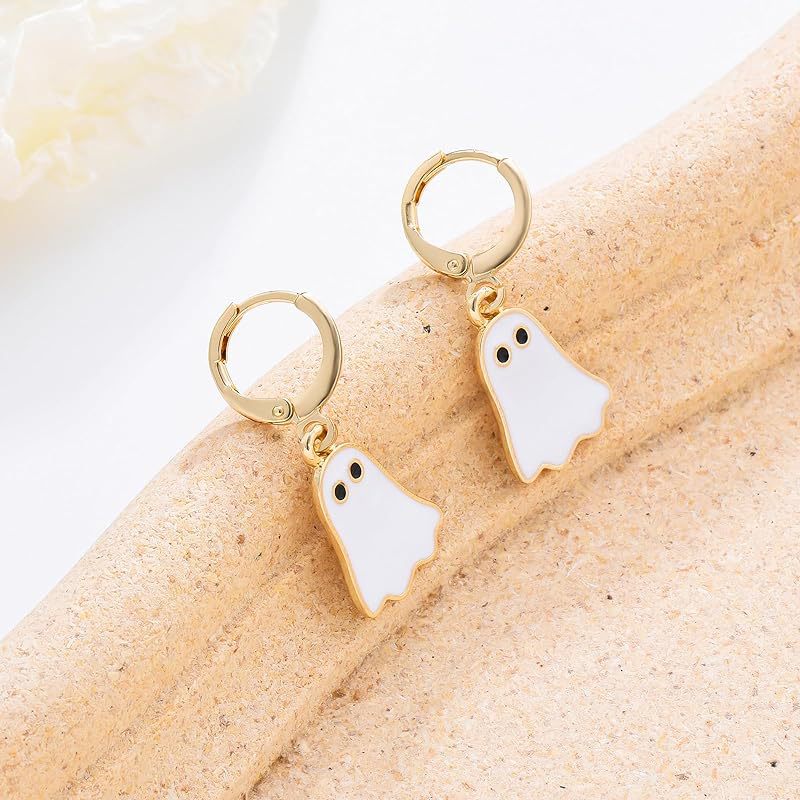 Gold Ghost Huggie Hoop Earrings for Women - Cute Halloween BOO Jewelry - Image 2