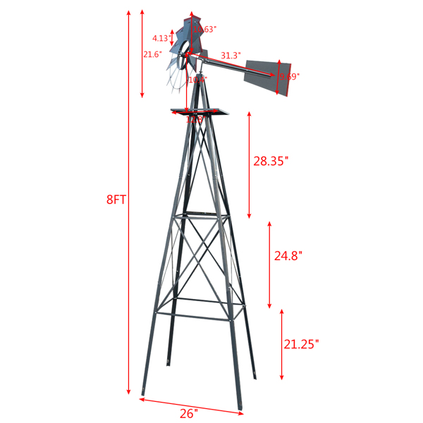 Grey and Red 4-Pod Standing Windmill with Wind Vane – Stylish Outdoor Decor - Image 6