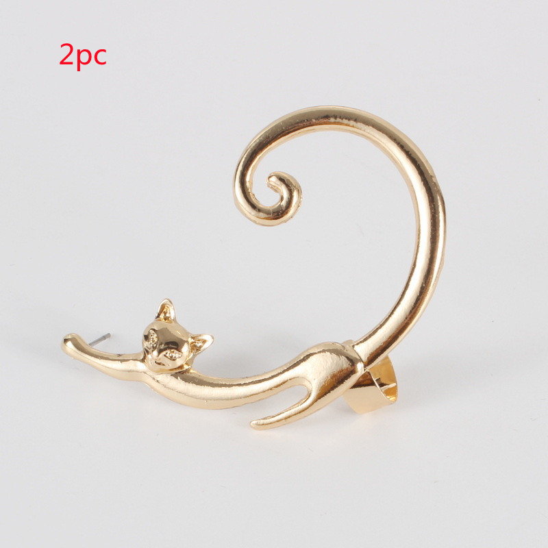Single Piece Punk Cat Post Earring with Ear Cuff - Rock Black Animal Stud Earring - Image 2