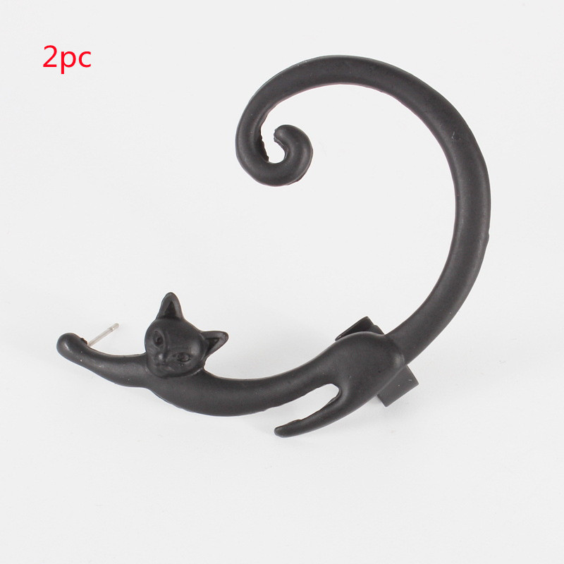 Single Piece Punk Cat Post Earring with Ear Cuff - Rock Black Animal Stud Earring - Image 3
