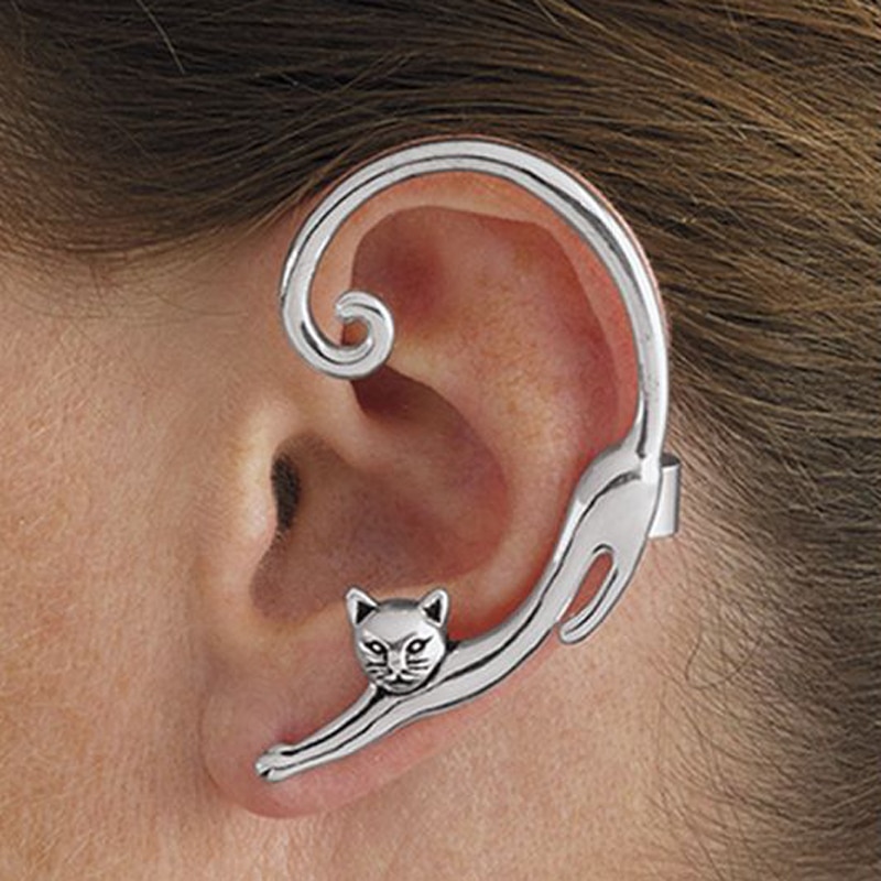 Single Piece Punk Cat Post Earring with Ear Cuff - Rock Black Animal Stud Earring - Image 4