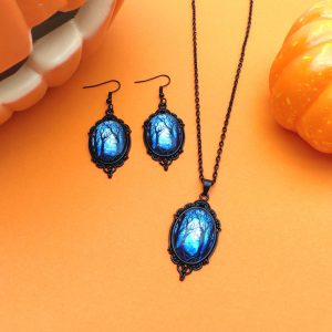 3pcs Vintage Halloween Tree of Life Necklace Set with Witch Earrings - Alloy Pendant Jewelry