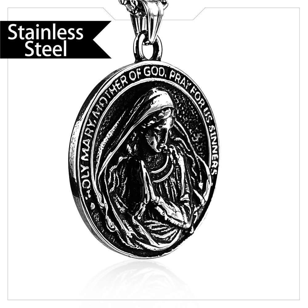 European and American Metal Holy Nun Maria Prayer Pendant Men's Stainless Steel Necklace - Stylish Religious Jewelry - Image 2