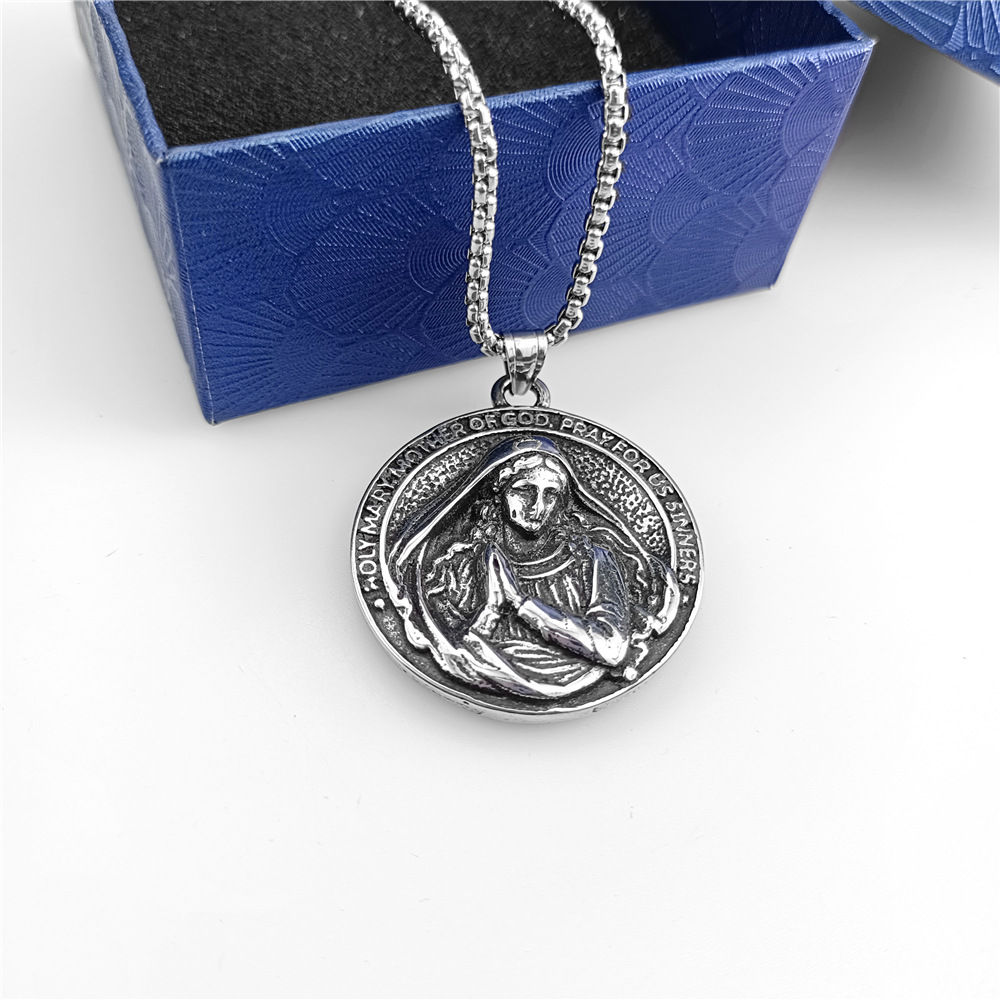 European and American Metal Holy Nun Maria Prayer Pendant Men's Stainless Steel Necklace - Stylish Religious Jewelry - Image 4