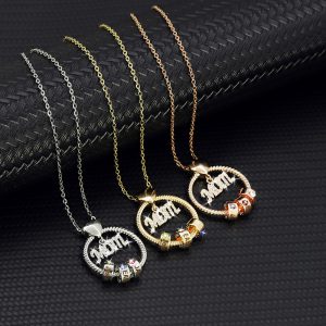 Custom Name Necklaces for Mother's Day - 12 Color Birthstone Necklace with Engraved Name and Diamond Mom Bead - Perfect Gift for Her