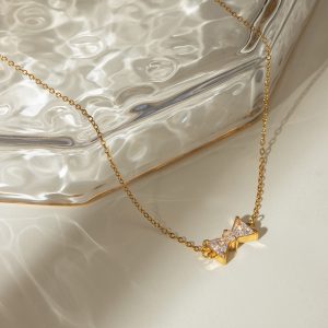 18K Gold Stainless Steel Women's Bow Necklace with Zircon Accent