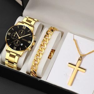 Men's Business Fashion Three-Eye Single Calendar Steel Watch with Cross Bracelet Suit