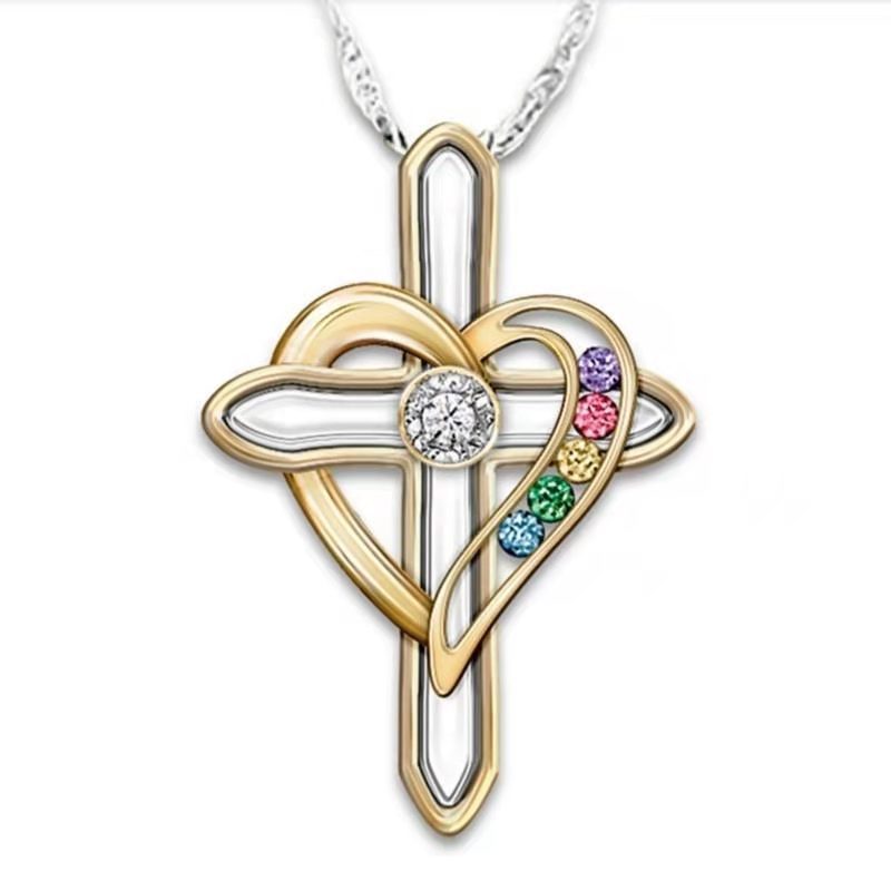 Cross Love Colorful Imitation Gemstone Pendant with Alloy Clavicle Chain - Image 7