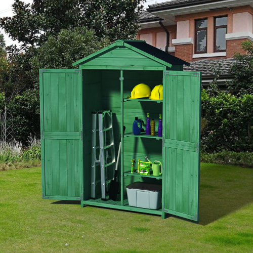 Outdoor 35.6x18.1x66.15 L Wood Storage Shed - Garden Tool Cabinet with Waterproof Asphalt Roof, Double Doors & Multi-Tier Shelves in Forest Green