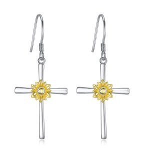 Sterling Silver Sunflower Earrings - Cross Dangle Drop Hooks for Women and Teens - Perfect Birthday Jewelry Gifts